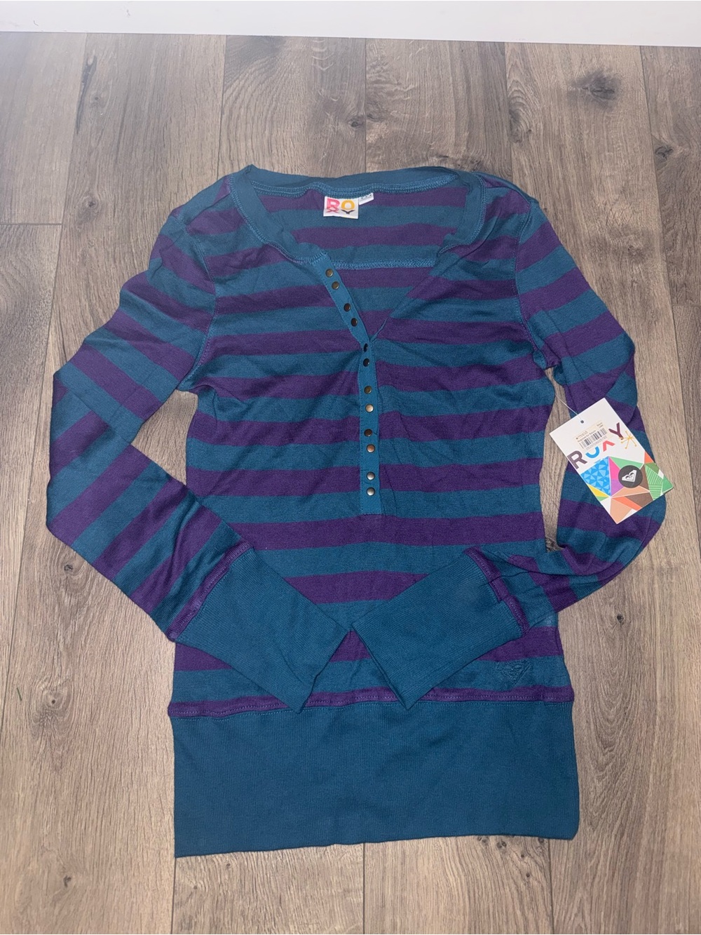 Roxy Teal and Purple Striped Long Sleeve Henley Top - Picture 8 of 12